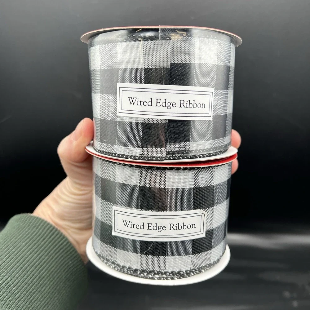 Black & White Gingham Wired Edge Holiday Ribbon Farm Country Set of 2 Rolls 60ft